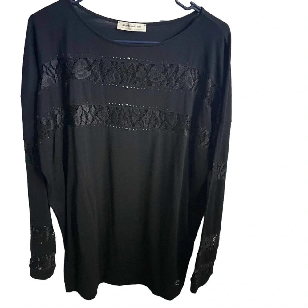ANGELO MARANI Round Neck Black Lace Wool Blouse Size S